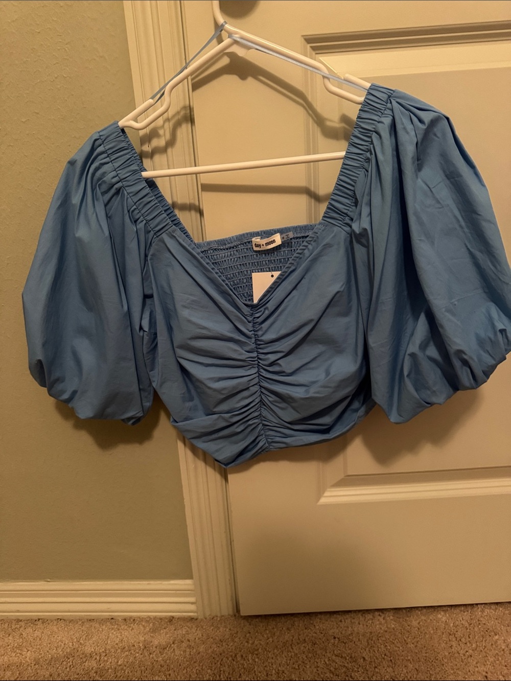 Smocked Puff-Sleeve Crop Top in Light Blue
